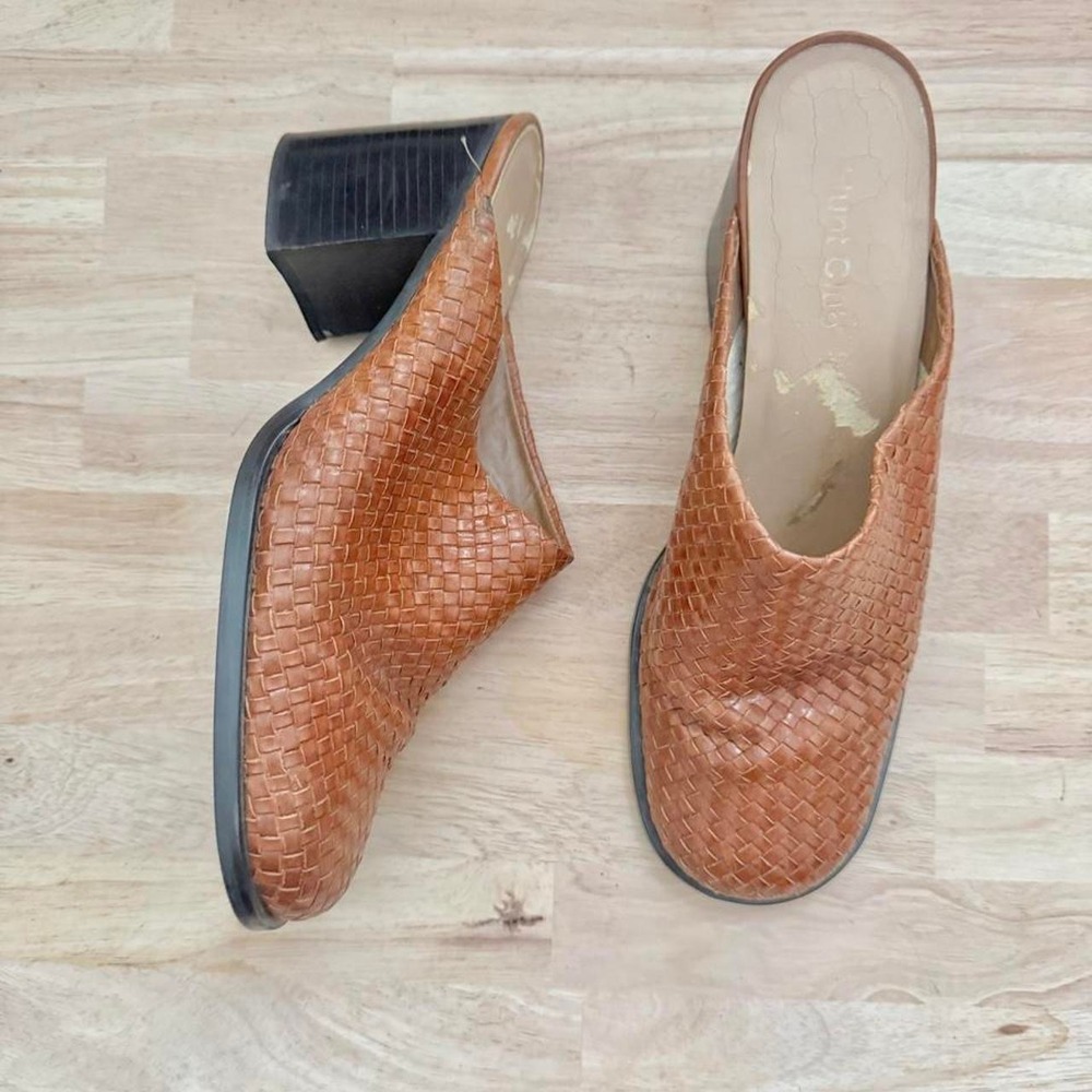 Vintage Woven Leather Mule 90s boho brown cognac square - Picture 2 of 8